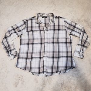 Riders By Lee Plaid Flannel XL Brown White Women's Button Down Top Long Sleeve